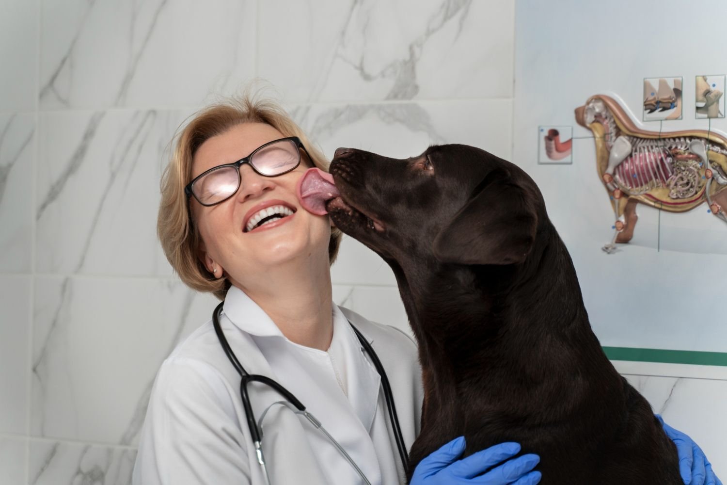 Dog eating from bowl with gut-healthy ingredients like pumpkin, sweet potato, and yoghurt arranged around it
